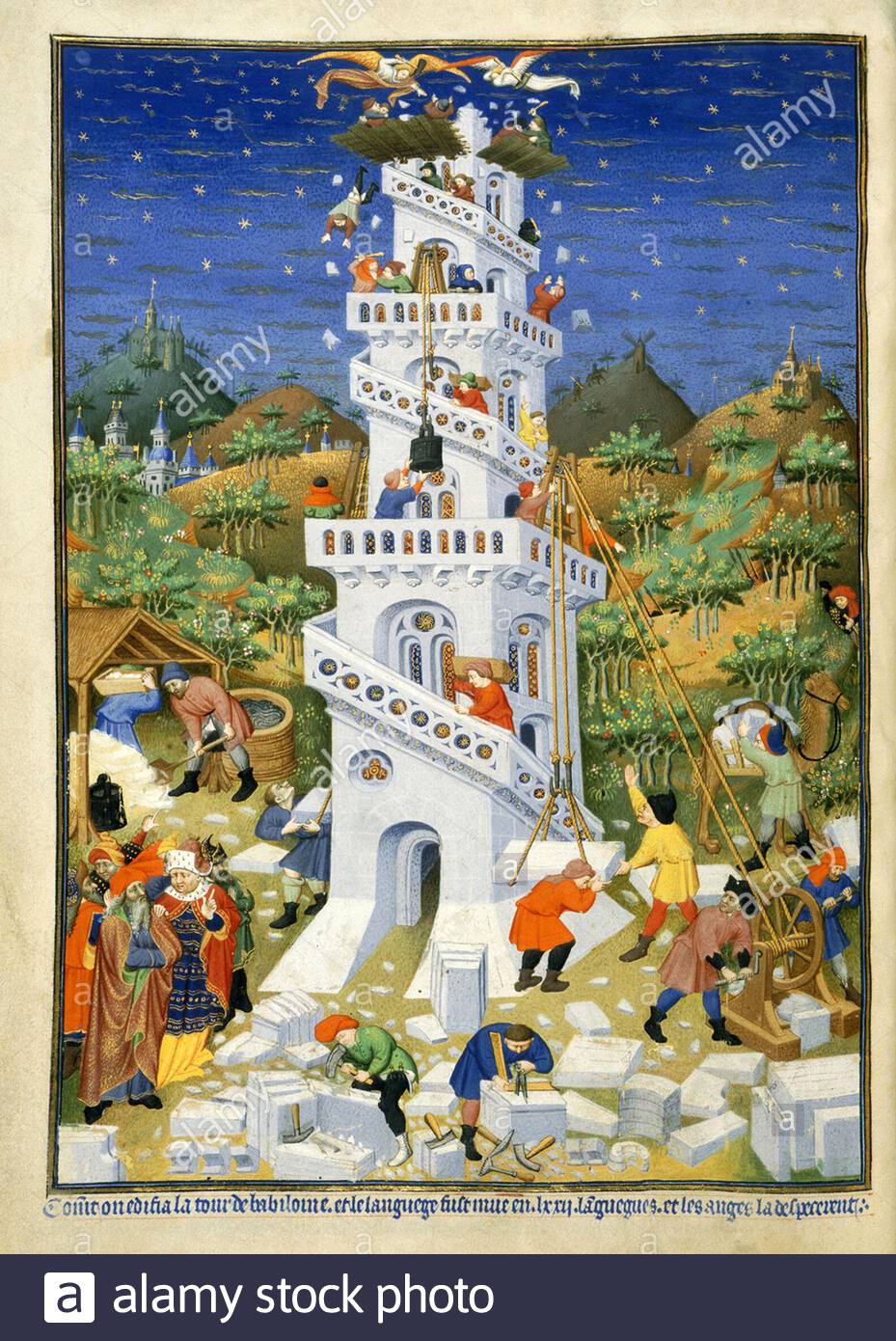 Bâtiment de la Tour de Babel, illustration ancienne du XVe siècle Banque D'Images