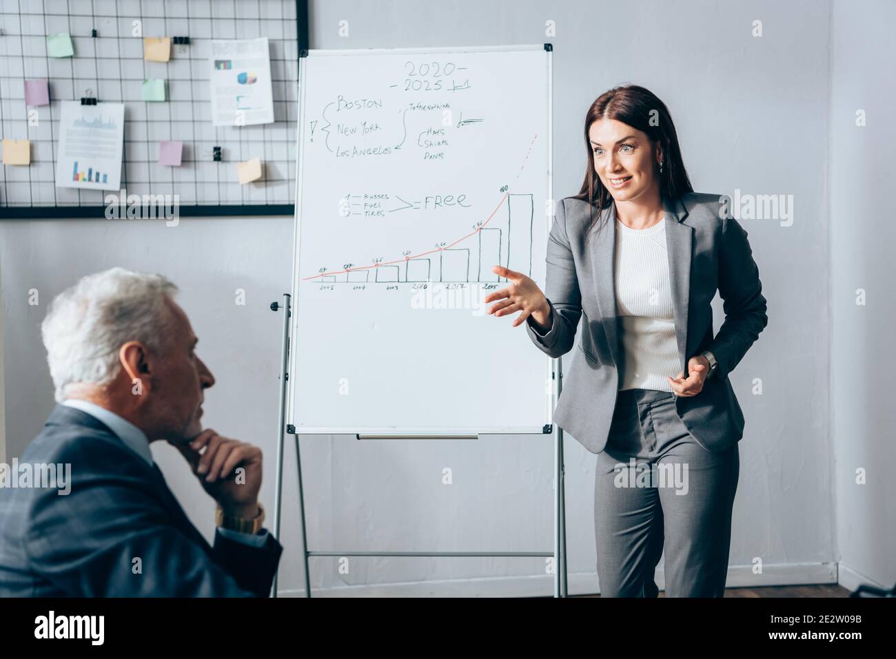 Femme d'affaires gaie pointant de la main vers un investisseur sur un premier plan flou près du tableau de conférence Banque D'Images