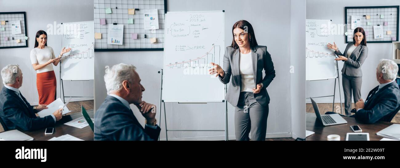 Collage d'une femme d'affaires souriante pointant sur un tableau de conférence près d'un investisseur avec des documents au bureau, une bannière Banque D'Images