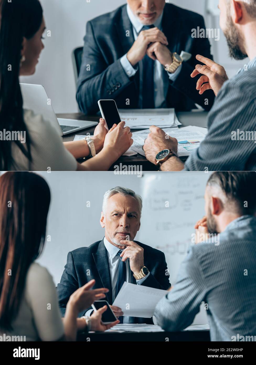 Collage de personnes en voyage d'affaires avec un smartphone en conversation avec un investisseur mature près de documents au bureau Banque D'Images