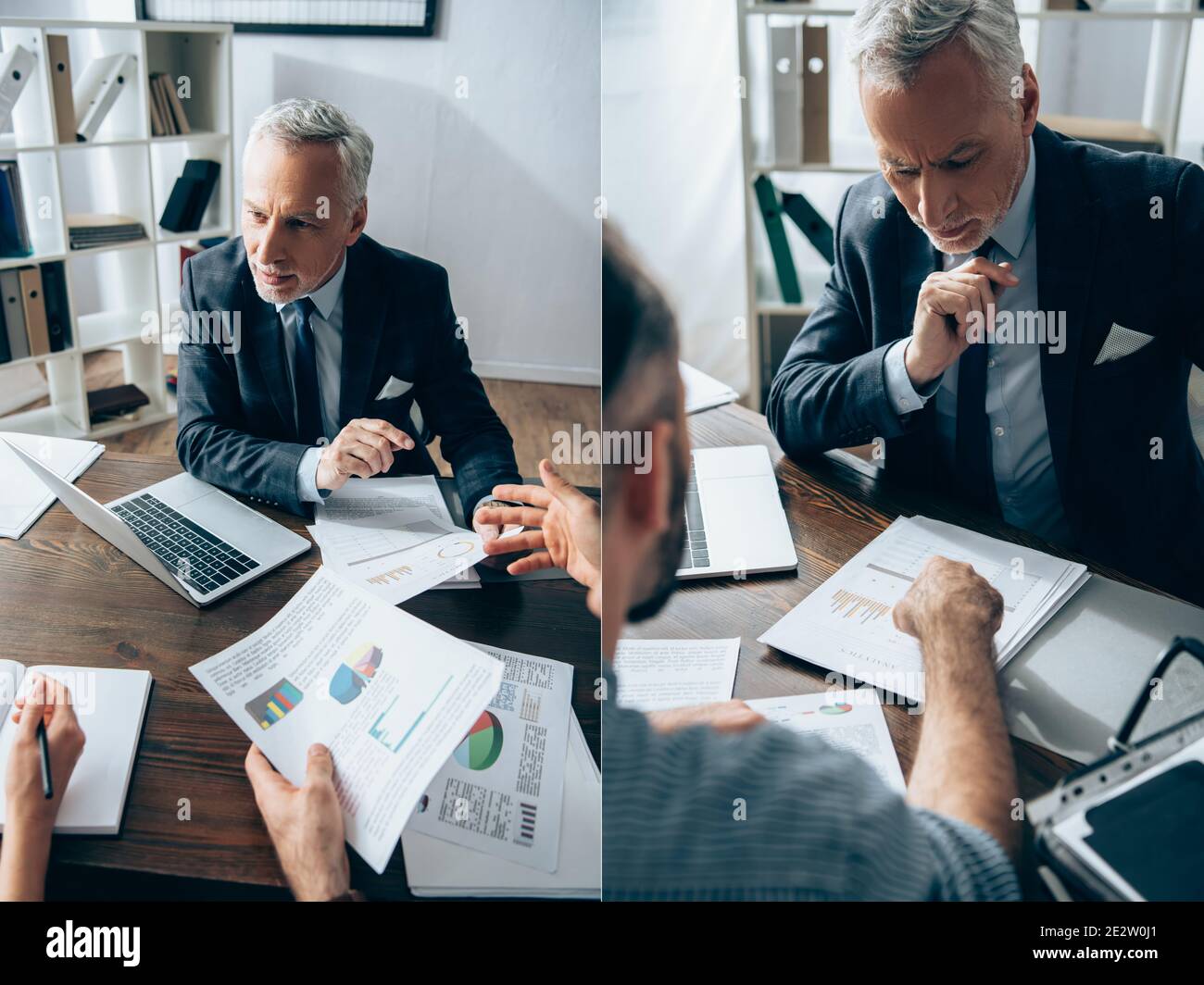 Collage d'investisseurs matures consultant des gens d'affaires près d'ordinateur portable et documents sur la table Banque D'Images