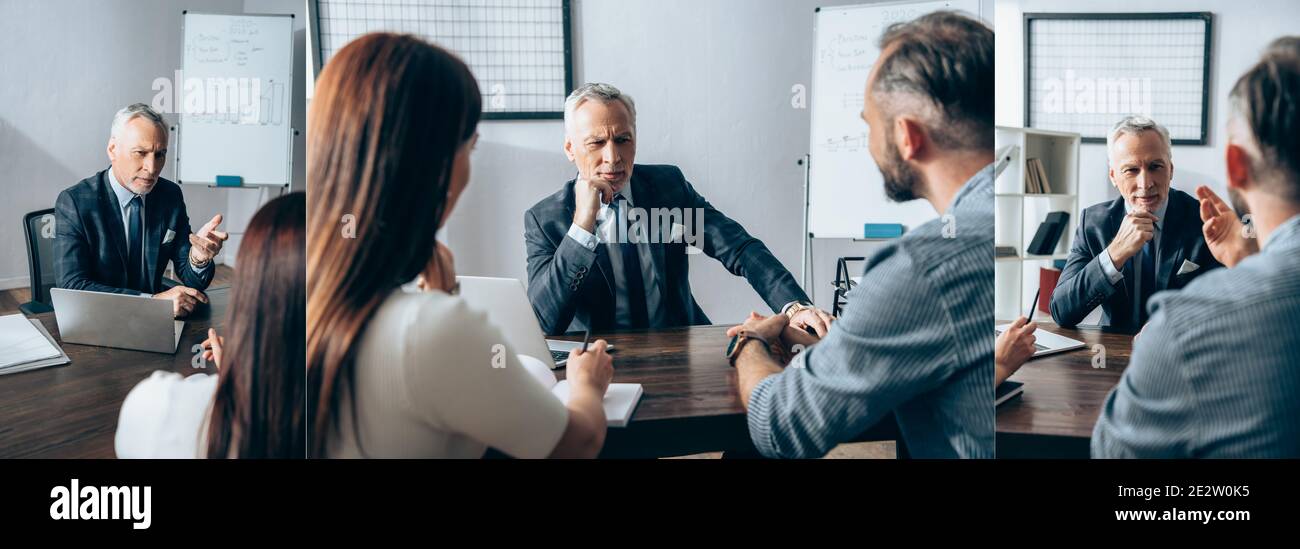 Collage d'investisseurs matures consultant des hommes d'affaires près de l'ordinateur portable et des papiers dans le bureau, bannière Banque D'Images