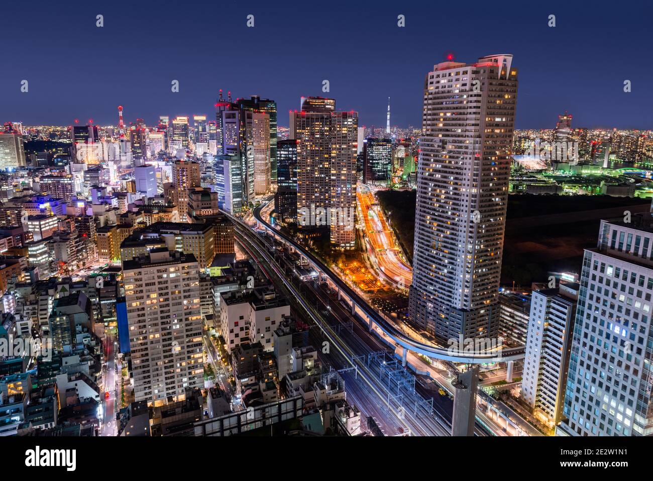 Tokyo, Japon un paysage urbain dense surplombant le quartier de Minato la nuit. Banque D'Images