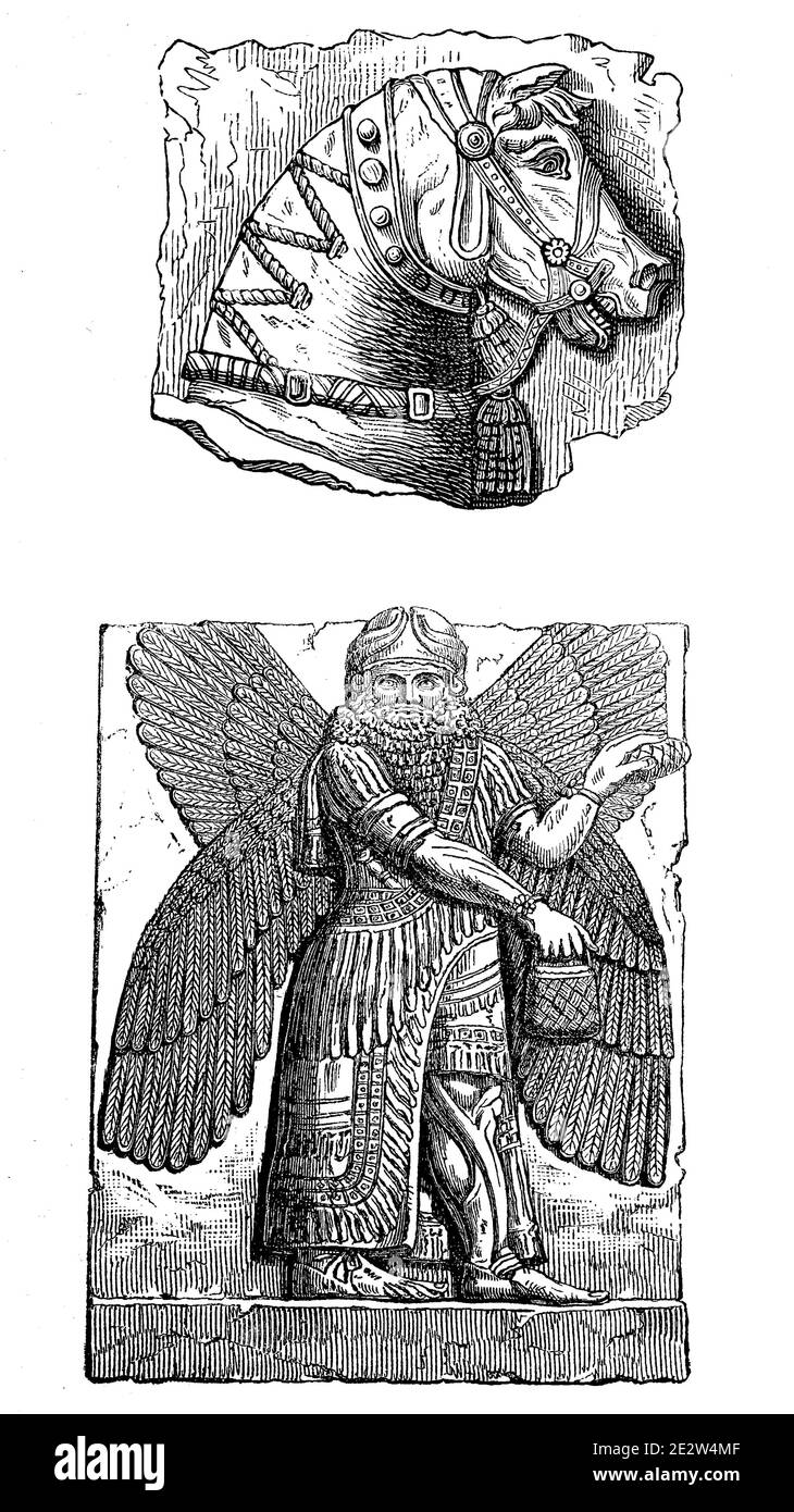 Vestiges des ruines de Ninive, ville mésopotamienne en Irak actuel, tête de cheval et figure humaine aigée, illustration de 1870 / Reste aus den Ruinen von Ninive, mésopotamische Stadt im heutigen Histork, Pferdekopf und geflügelte menschliche Gestalt, illustration de 1870, Iraisch historique, Digital reproduction améliorée d'un original du 19ème siècle / digitale Reproduktion einer Originalvorlage aus dem 19. Jahrhundert, Banque D'Images