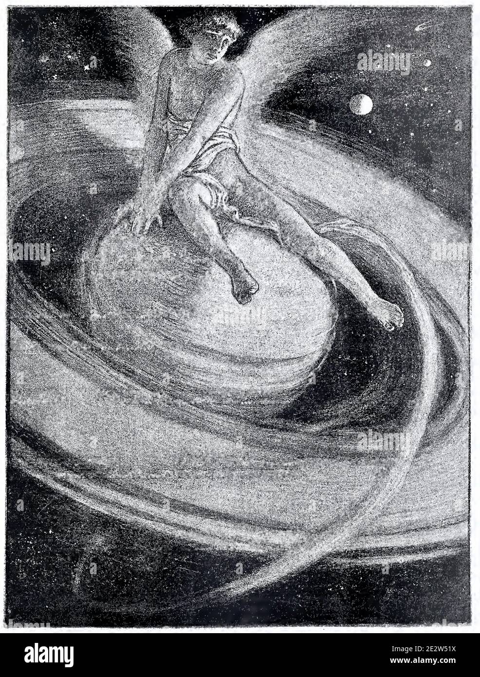 Un ange est assis à cheval sur la planète Saturne dans les œuvres d'art Le trône de Saturne par Elihu Vedder de 1884 Banque D'Images