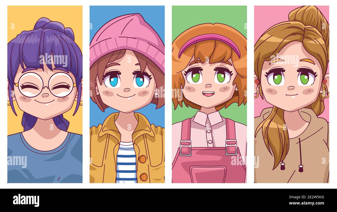 Groupe De 4 Filles Dessin Anime groupe de quatre filles mignons manga anime scénario illustration Image  Vectorielle Stock - Alamy