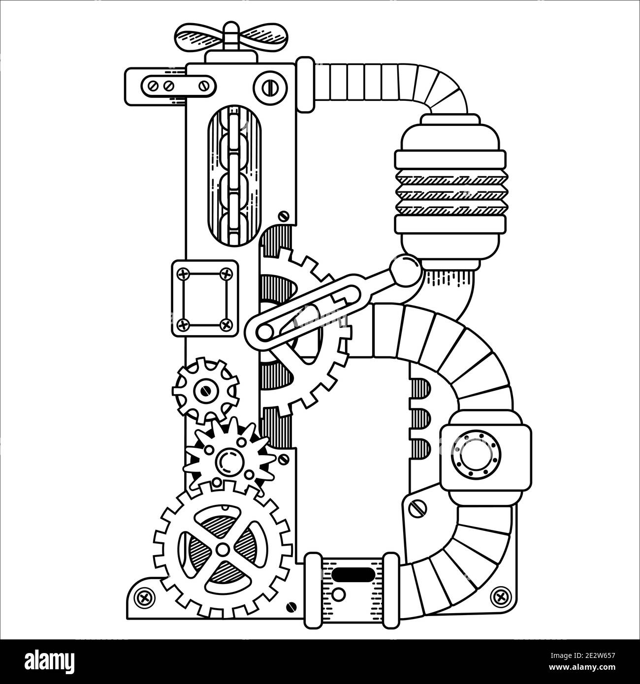 Livre de coloriage Vector Steampunk pour adultes. Lettre mécanique alphabet en métal et divers détails sur fond blanc. Lettre majuscule B Illustration de Vecteur