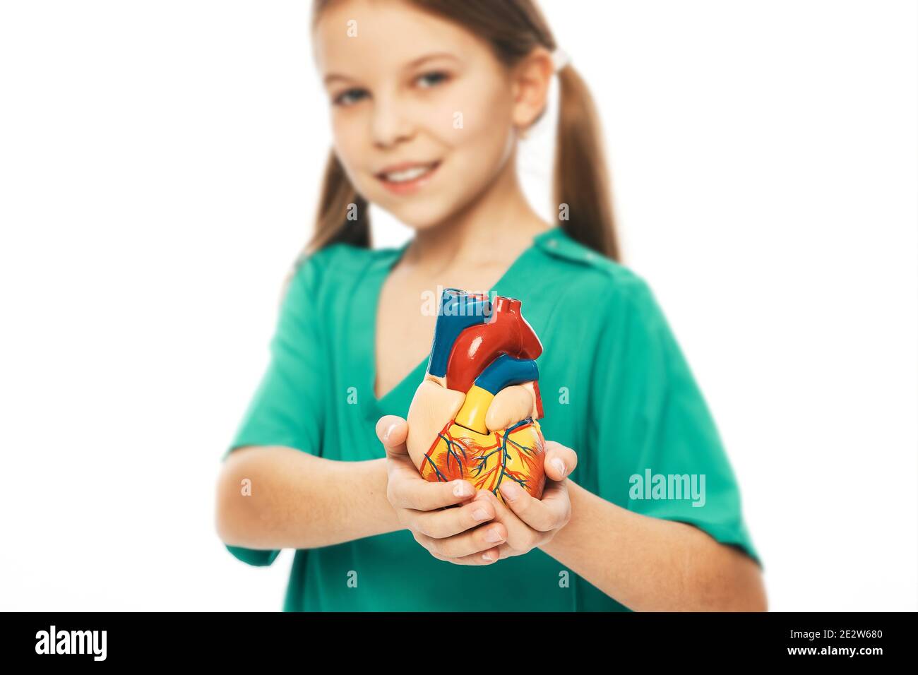 Fille portant un uniforme médical vert et tenant un modèle anatomique de coeur dans les mains. Concept de santé cardiaque et diagnostic de la disea cardiaque des enfants Banque D'Images