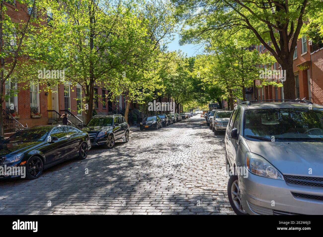 Des rangées d'arbres verts frais entourent la rue pavée en pierre Dans West Village Banque D'Images