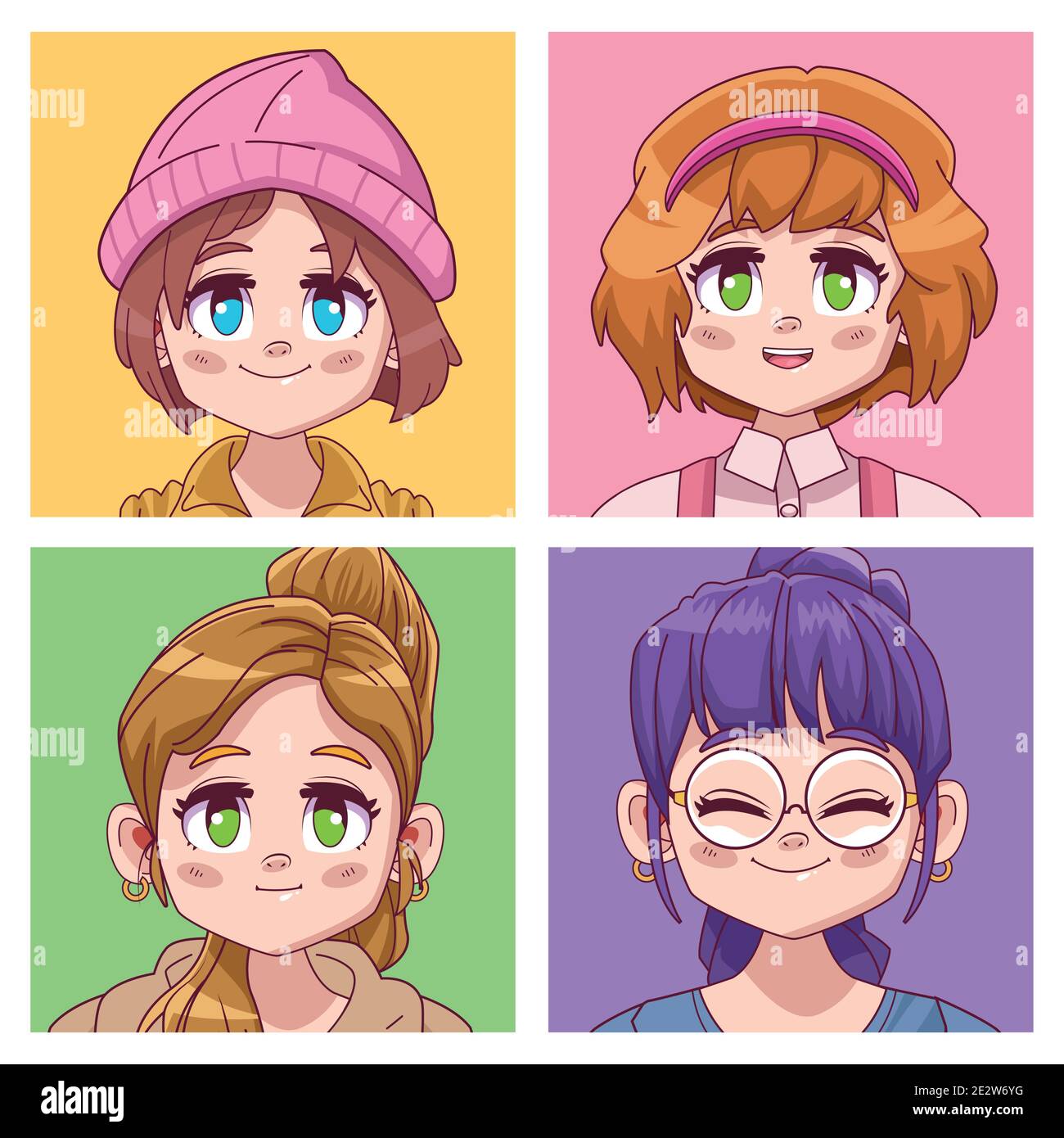 groupe de quatre filles mignon manga anime caractères illustration vectorielle conception Illustration de Vecteur