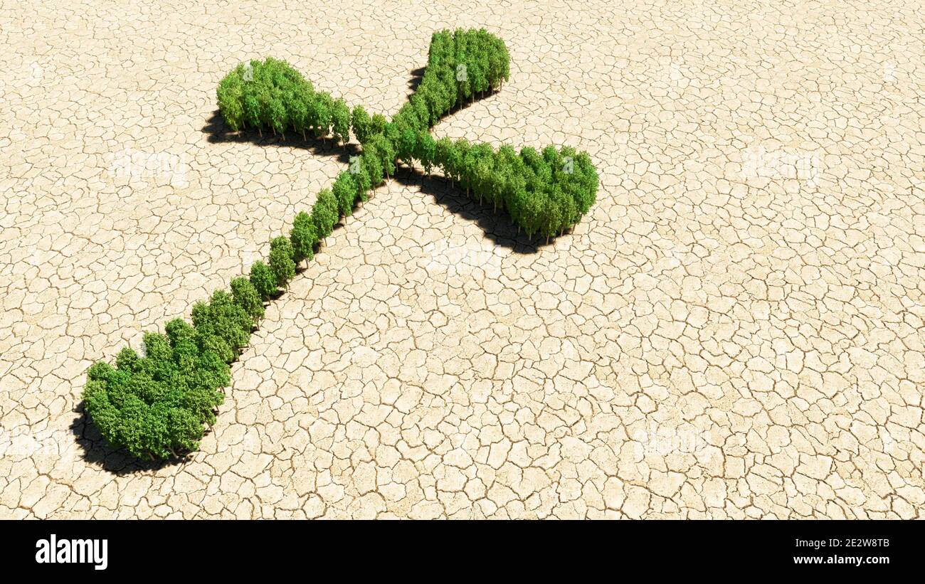Concept ou groupe conceptuel d'arbre de forêt verte sur fond sec comme signe de la croix chrétienne religieuse. Banque D'Images