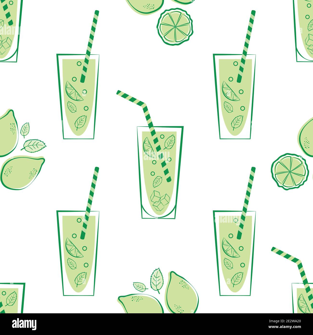 Fond transparent à motif vectoriel de paille et verre limonade. Décor vert rétro blanc avec verres à boissons, pailles, agrumes Illustration de Vecteur