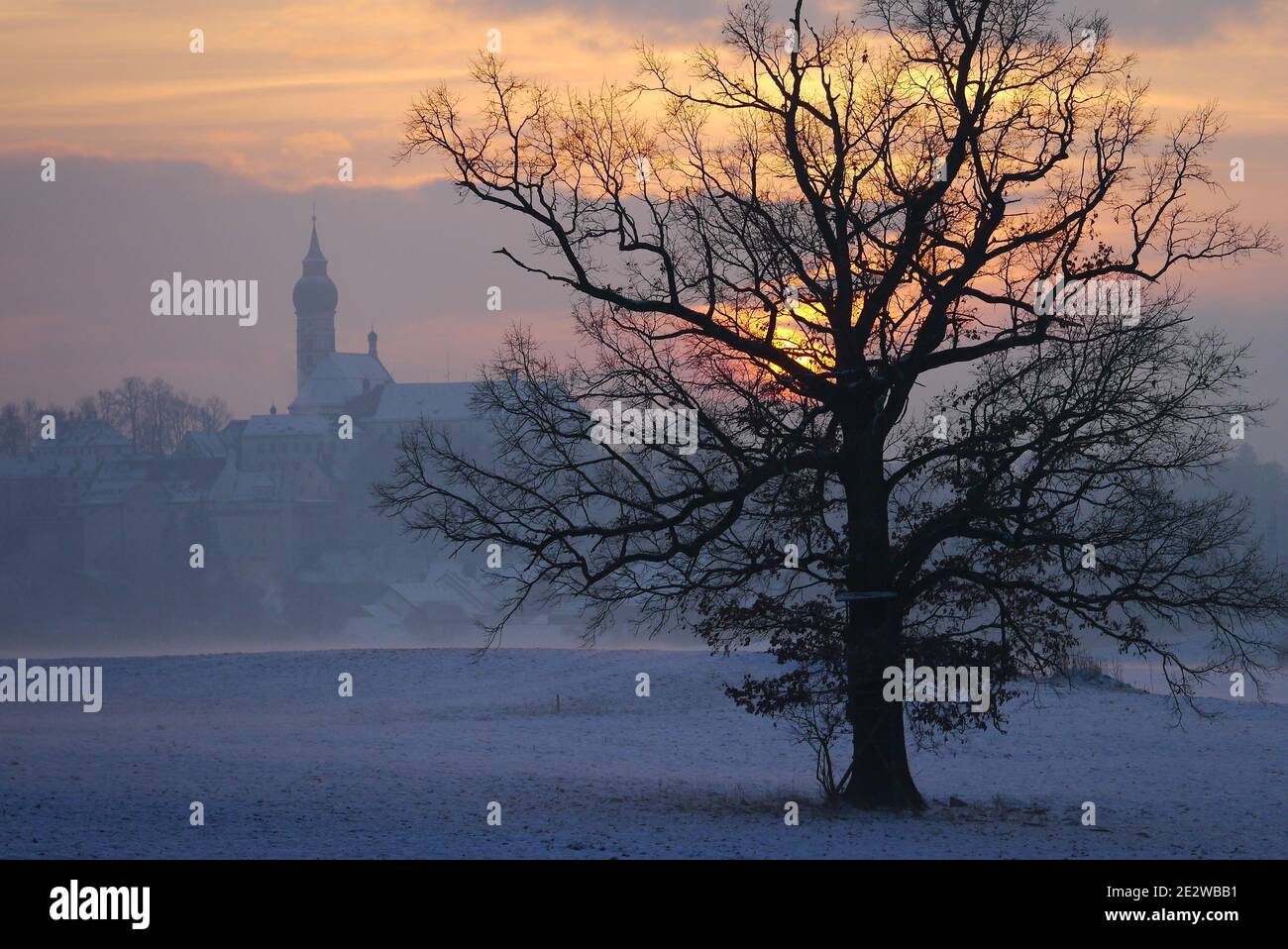 L'abbaye d'Andechs (Kloster Andechs) dans le brouillard au coucher du soleil, avec la silhouette d'un arbre au premier plan Banque D'Images