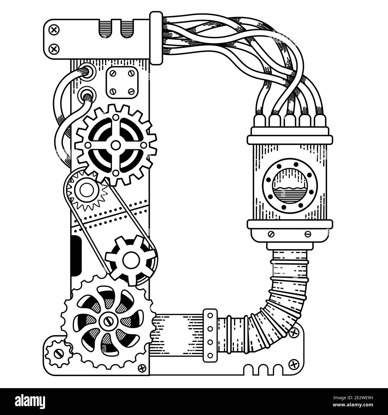 Livre de coloriage vectoriel pour adultes. Police steampunk. Alphabet mécanique composé d'engrenages métalliques et de divers détails sur fond blanc. Lettre majuscule D Illustration de Vecteur