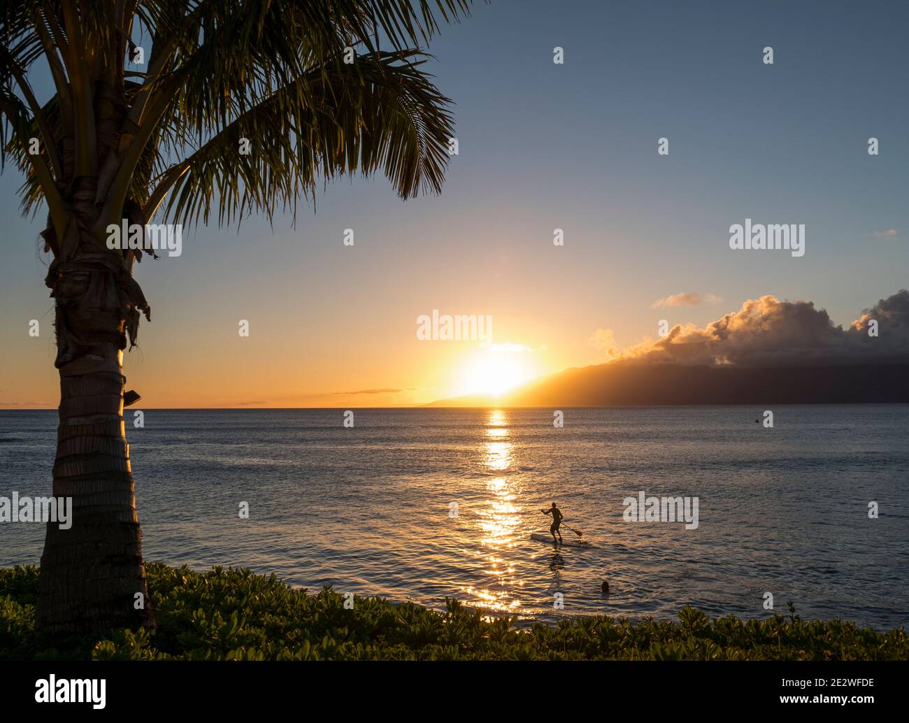 Un homme sur un paddle-board au coucher du soleil à Napili Bay, Maui, Hawaii. Banque D'Images