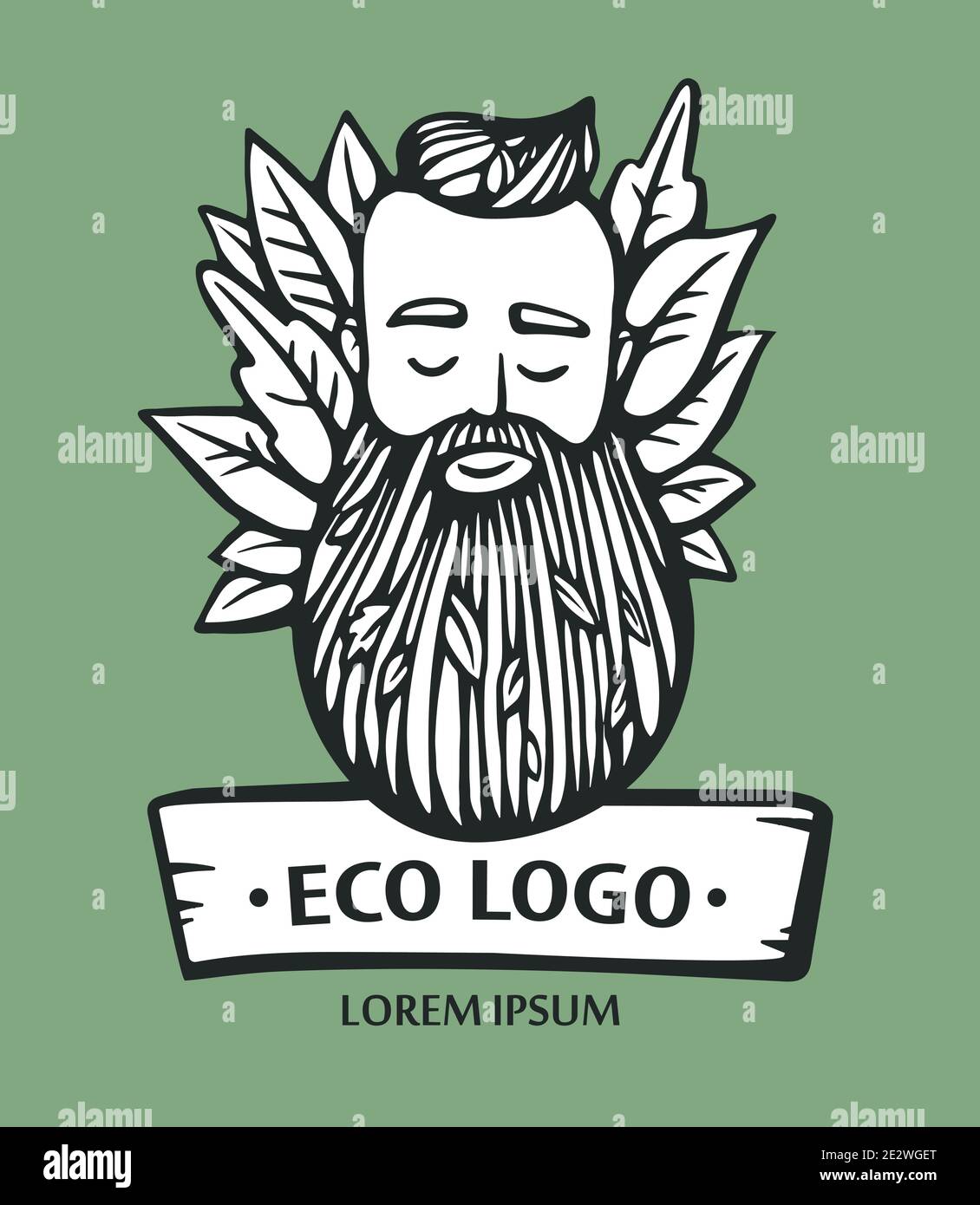 Logo ECO nature. Tête de taille basse avec barbe en fleurs et feuilles. Illustration vectorielle dessinée à la main. Emblème homme barbu pour produits écologiques. Illustration de Vecteur