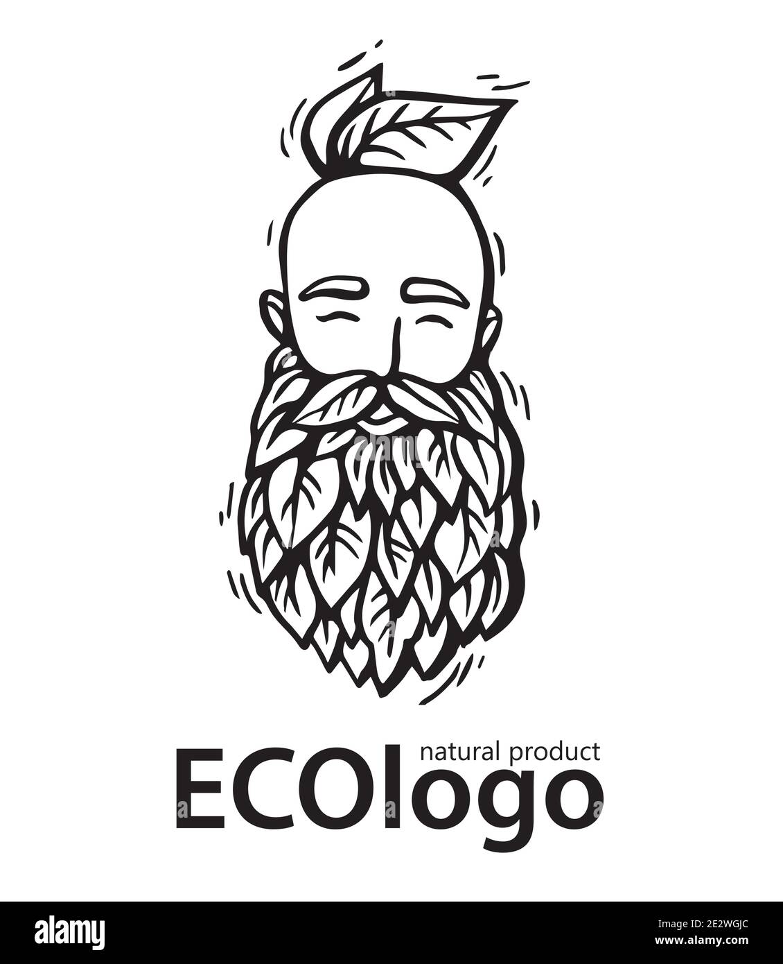 Logo ECO nature. Tête de taille basse avec barbe en fleurs et feuilles. Illustration vectorielle dessinée à la main. Emblème homme barbu pour produits écologiques. Illustration de Vecteur