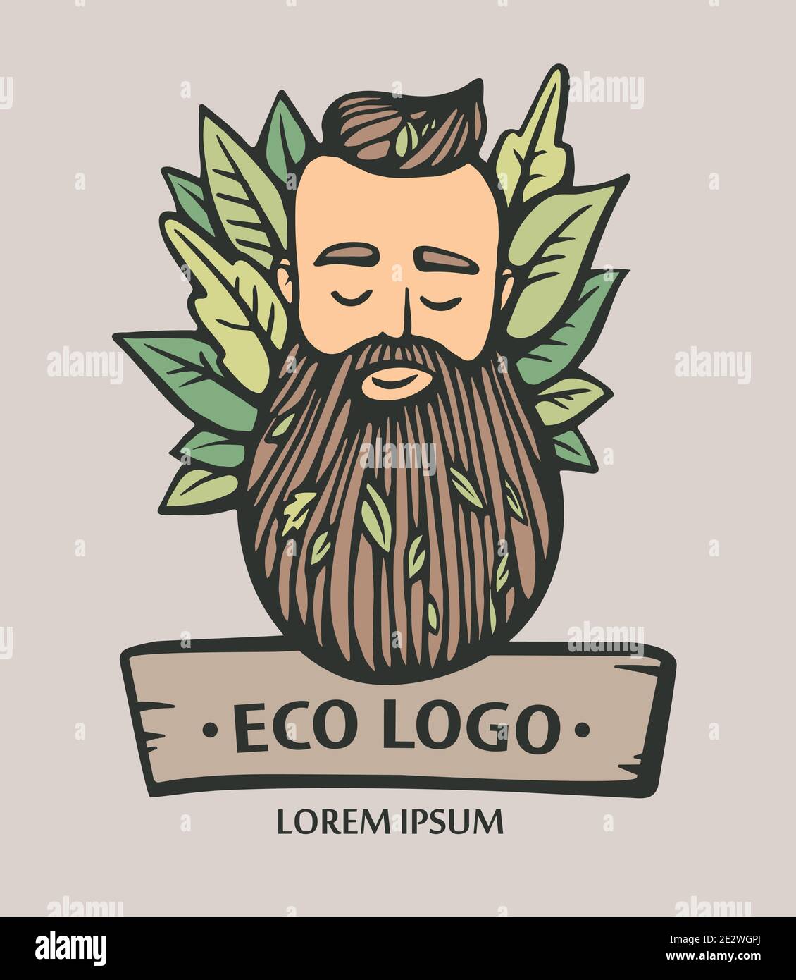 Logo ECO nature. Tête de taille basse avec barbe en fleurs et feuilles. Illustration vectorielle dessinée à la main. Emblème homme barbu pour produits écologiques. Illustration de Vecteur