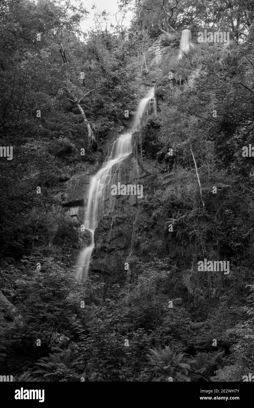 Longue exposition de la cascade qui coule au-dessus de la falaise à Chutes Canonteign à Dartmoor Banque D'Images
