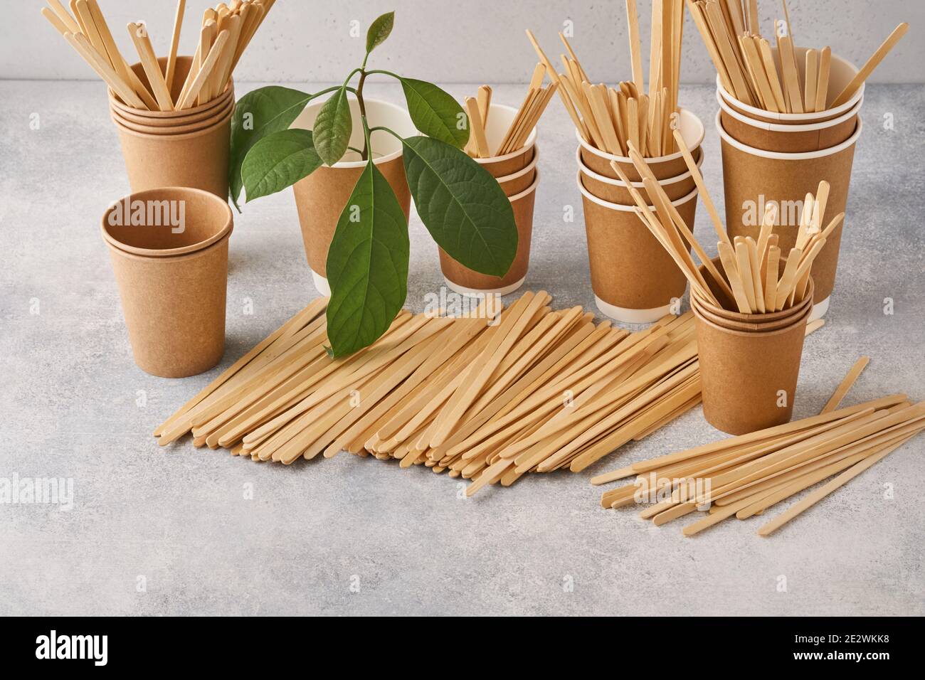 Agitateurs à boissons en bois et verres en papier écologique avec feuilles de sprout vertes sur fond gris. Concept zéro déchet et sans plastique. Vue de dessus. Banque D'Images