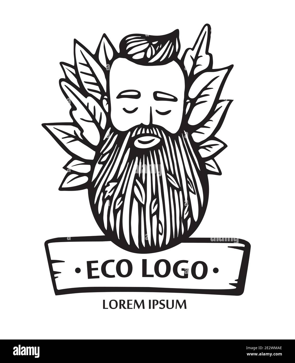 Logo ECO nature. Tête de taille basse avec barbe en fleurs et feuilles. Illustration vectorielle dessinée à la main. Emblème homme barbu pour produits écologiques. Illustration de Vecteur