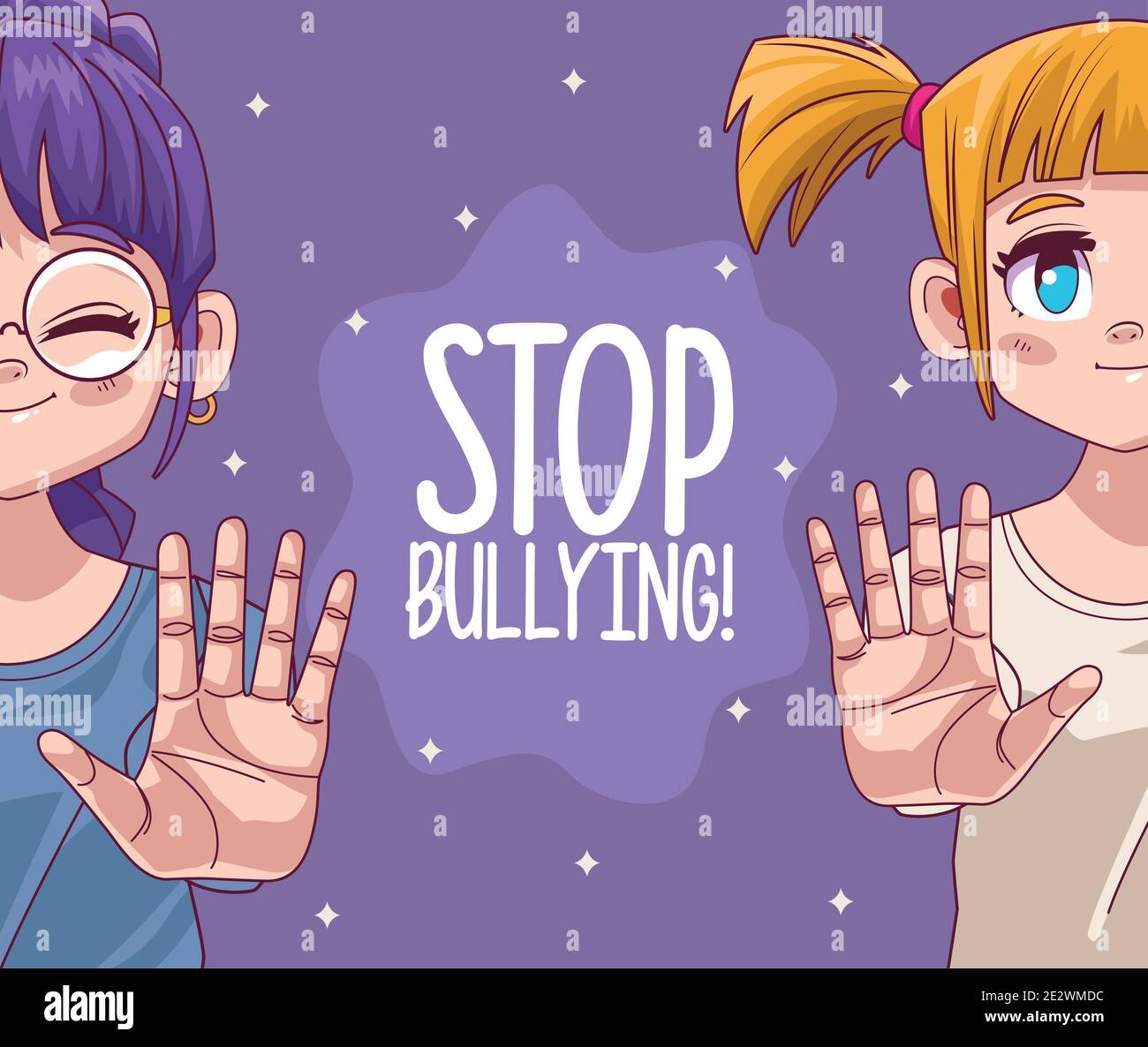 mignon petit couple de filles avec arrêter l'intimidation lettering manga comique illustration vectorielle de caractères Illustration de Vecteur