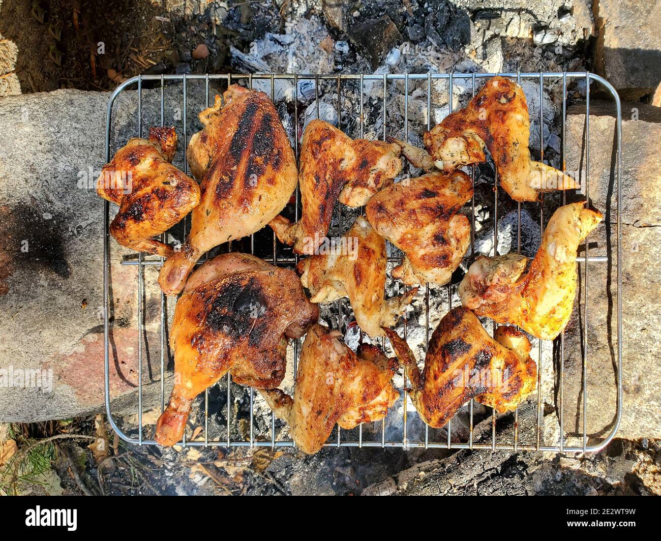 Pique-nique campagnard, loisirs en plein air, viande de poulet prête à consommer sur le grill au-dessus du feu Banque D'Images