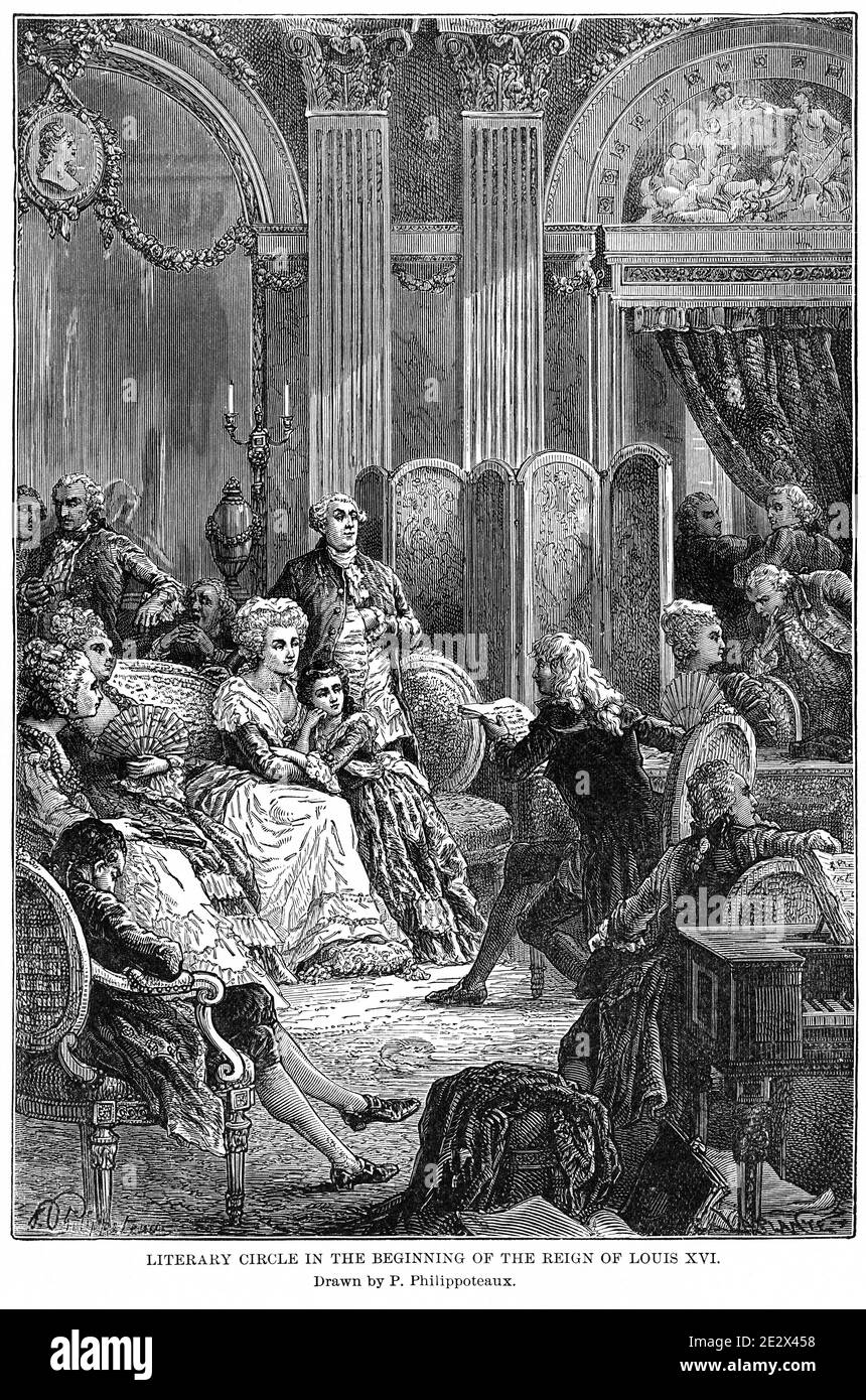 Cercle littéraire au début du règne de Louis XVI, illustration, Histoire du monde de Ridpath, Volume III, par John Clark Ridpath, LL. D., Merrill & Baker Publishers, New York, 1897 Banque D'Images