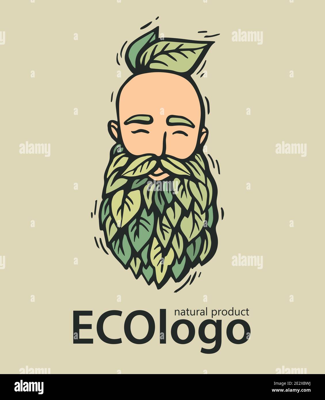 Logo ECO nature. Tête de taille basse avec barbe en fleurs et feuilles. Illustration vectorielle dessinée à la main. Emblème homme barbu pour produits écologiques. Illustration de Vecteur