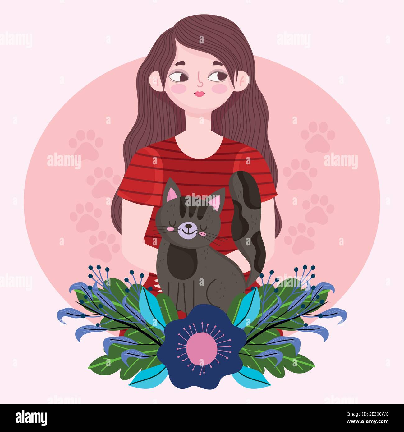 Portrait De Femme De Beaute Avec Dessin Anime De Chat Illustration De Vecteur De Concept D Animal De Compagnie Image Vectorielle Stock Alamy