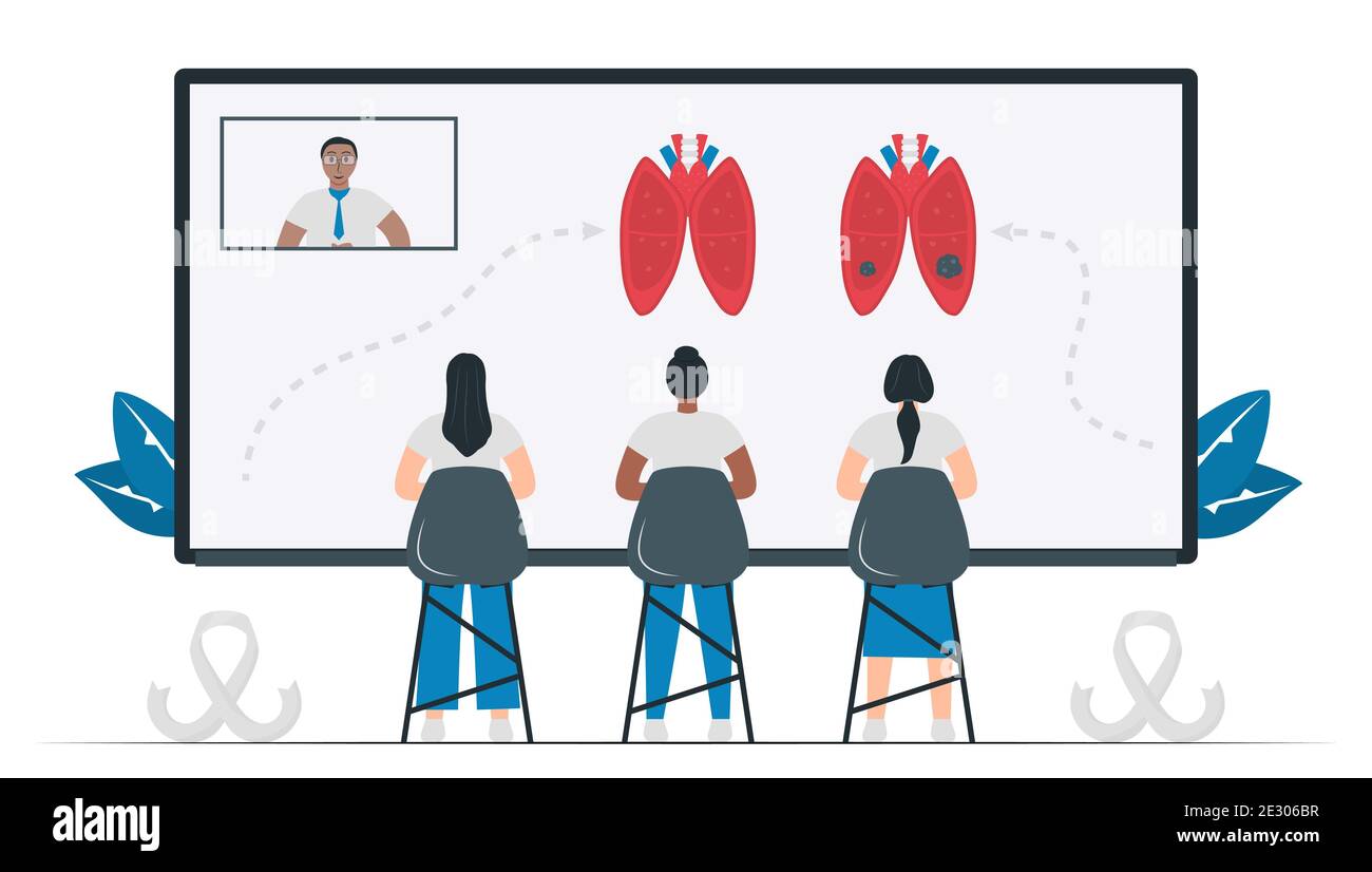 Les étudiants étudient le cancer du poumon. Le mois de sensibilisation à cette maladie est novembre. Formation en ligne. Le vecteur isolé est de style plat. Illustration de Vecteur