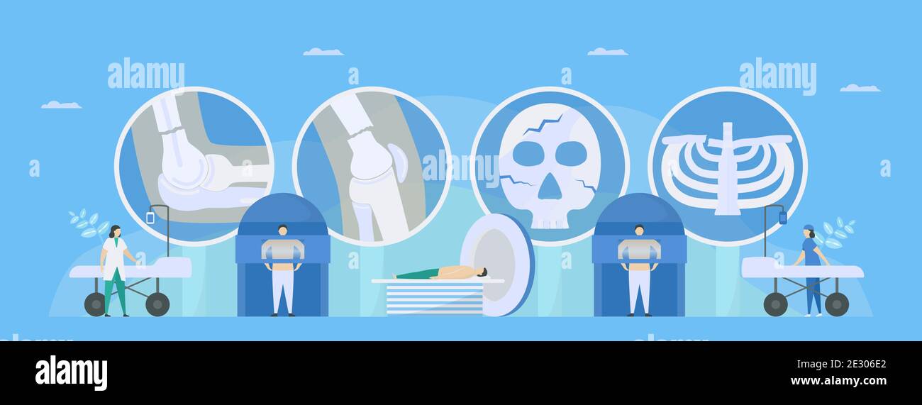 Les systèmes d'acquisition médicale incluent les rayons X, l'IRM et l'acquisition CT. Le médecin vérifie l'os du corps, comme le bras, la jambe, le crâne, la clavicule. Une partie du flux de travail du patient c Illustration de Vecteur