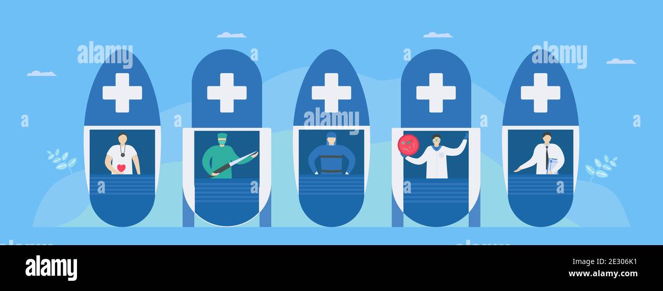 Équipes médicales. Cette équipe comprend des cardiologues, un chirurgien cardiaque, un médecin spécialiste des maladies infectieuses, un microbiologiste et un intensiviste. Les médecins de personnages ont le dessig Illustration de Vecteur