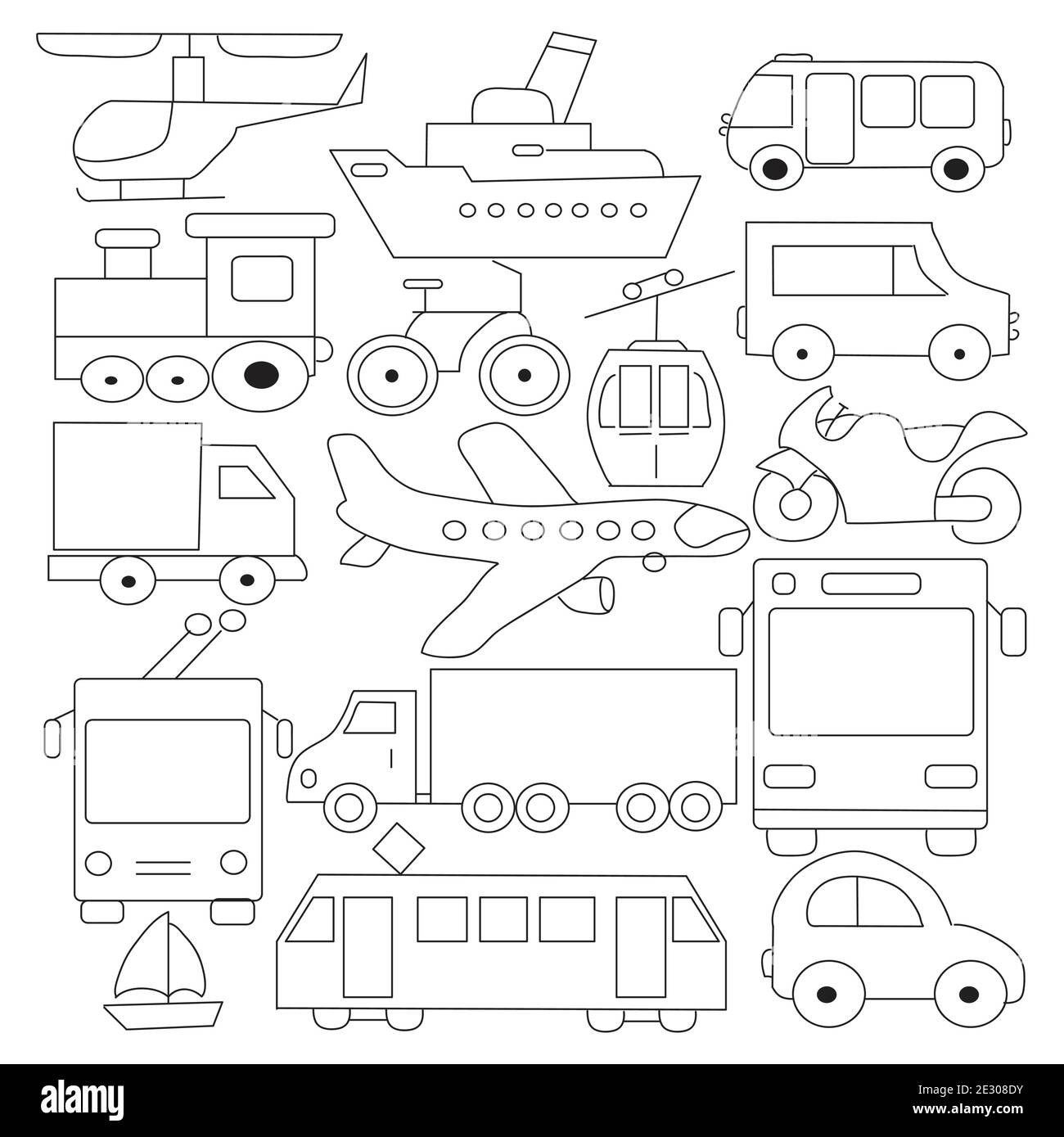 Grande collection d'icônes de transport en noir et blanc. Les petites illustrations dessinées à la main sont isolées (groupe) Illustration de Vecteur