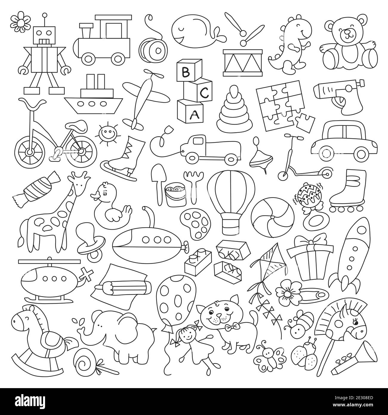 Dessin de jardin d'enfants incolore ensemble de vecteur illustration. Livre de coloriage. Dessin au trait noir et blanc Illustration de Vecteur