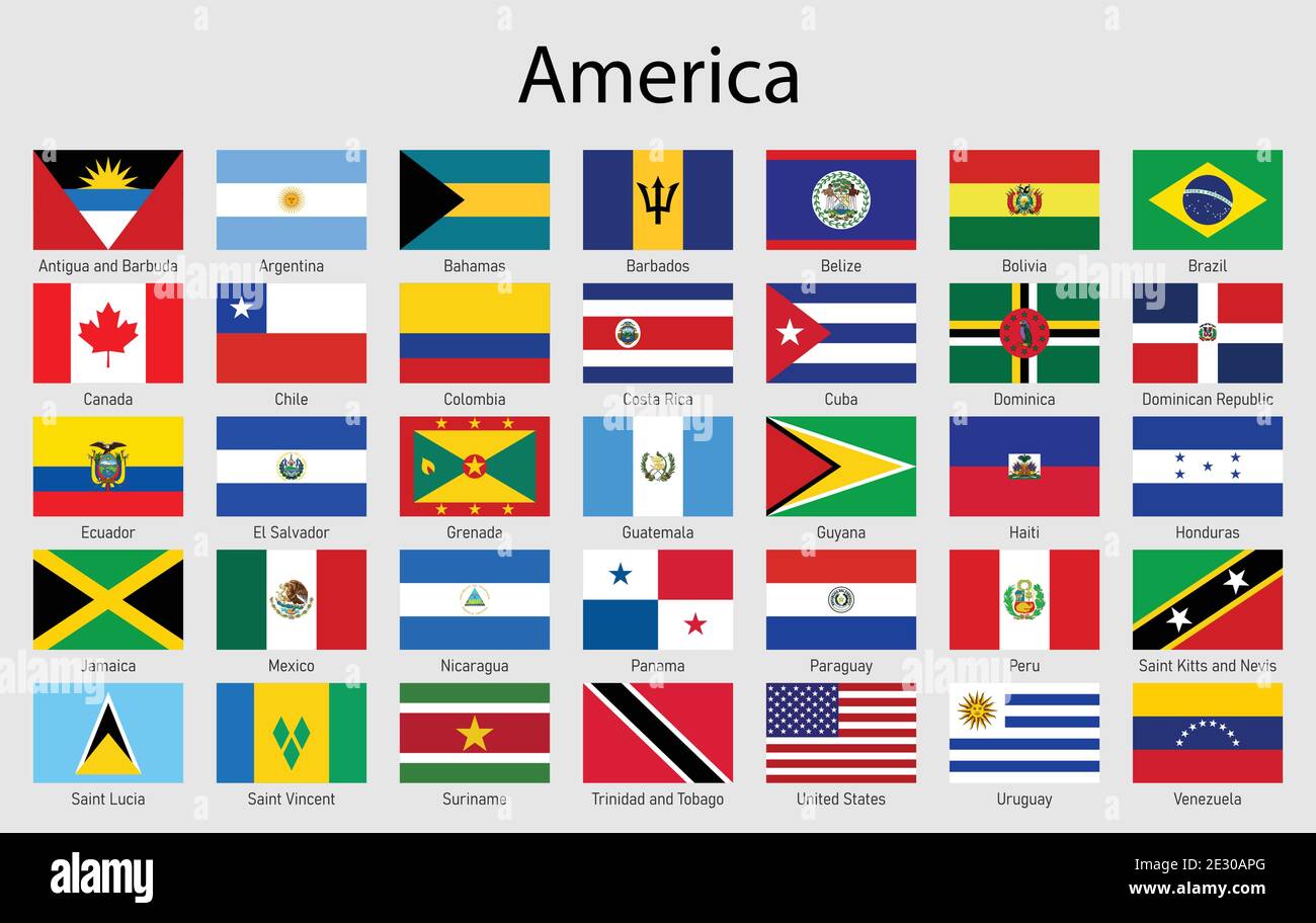 Ensemble de drapeaux Amériques pays, toute l'Amérique continent drapeau collection Illustration de Vecteur