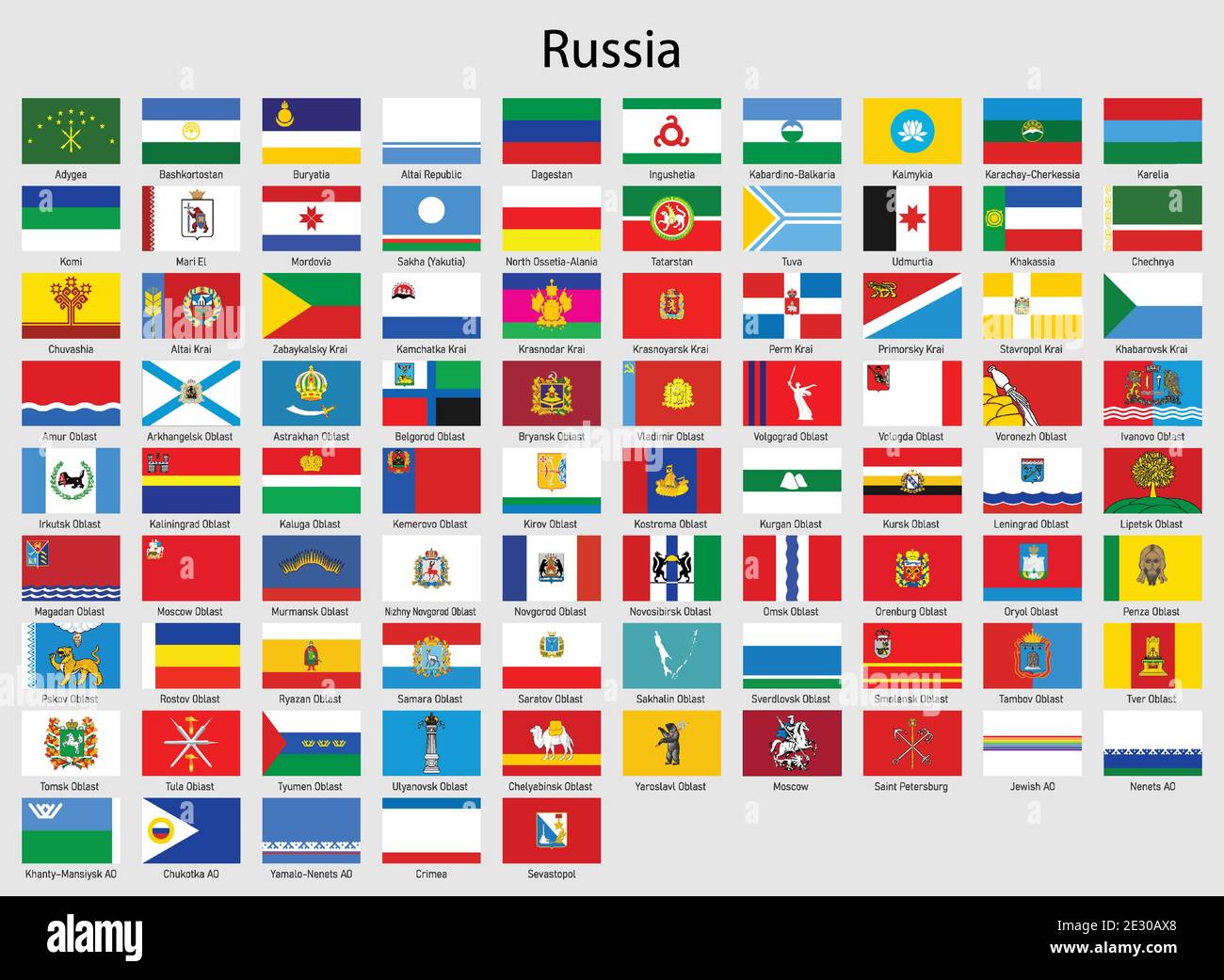 Set drapeaux des régions de la Russie, tous les Russes province drapeau collection Illustration de Vecteur