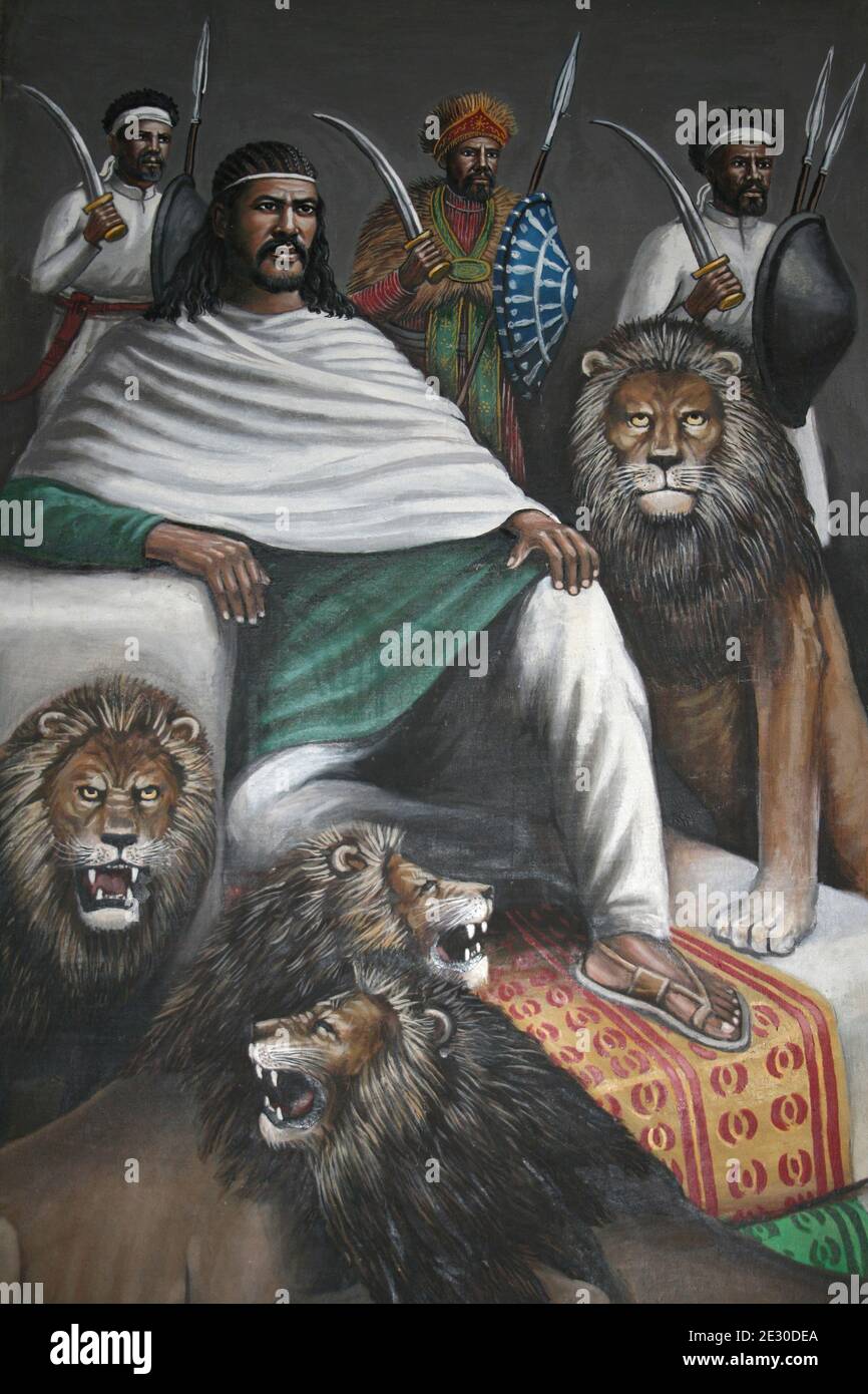 Peinture montrant Tewodros tenant le public, entouré par des lions Banque D'Images