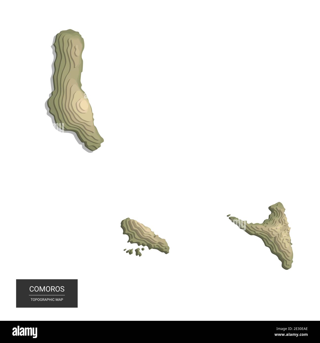 Carte des Comores - carte topographique numérique haute altitude en 3D. Illustration vectorielle 3D. Relief coloré, terrain accidenté. Cartographie et topologie. Illustration de Vecteur
