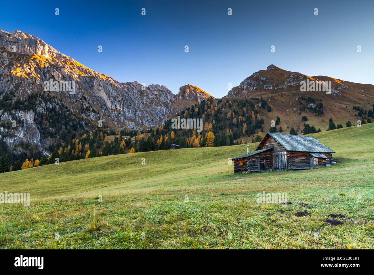 Vue sur un lever de soleil en face du massif de l'Odle depuis le Gampenalm . Vallée de Funes, Alpes des Dolomites, Trentin-Haut-Adige, Italie. Banque D'Images