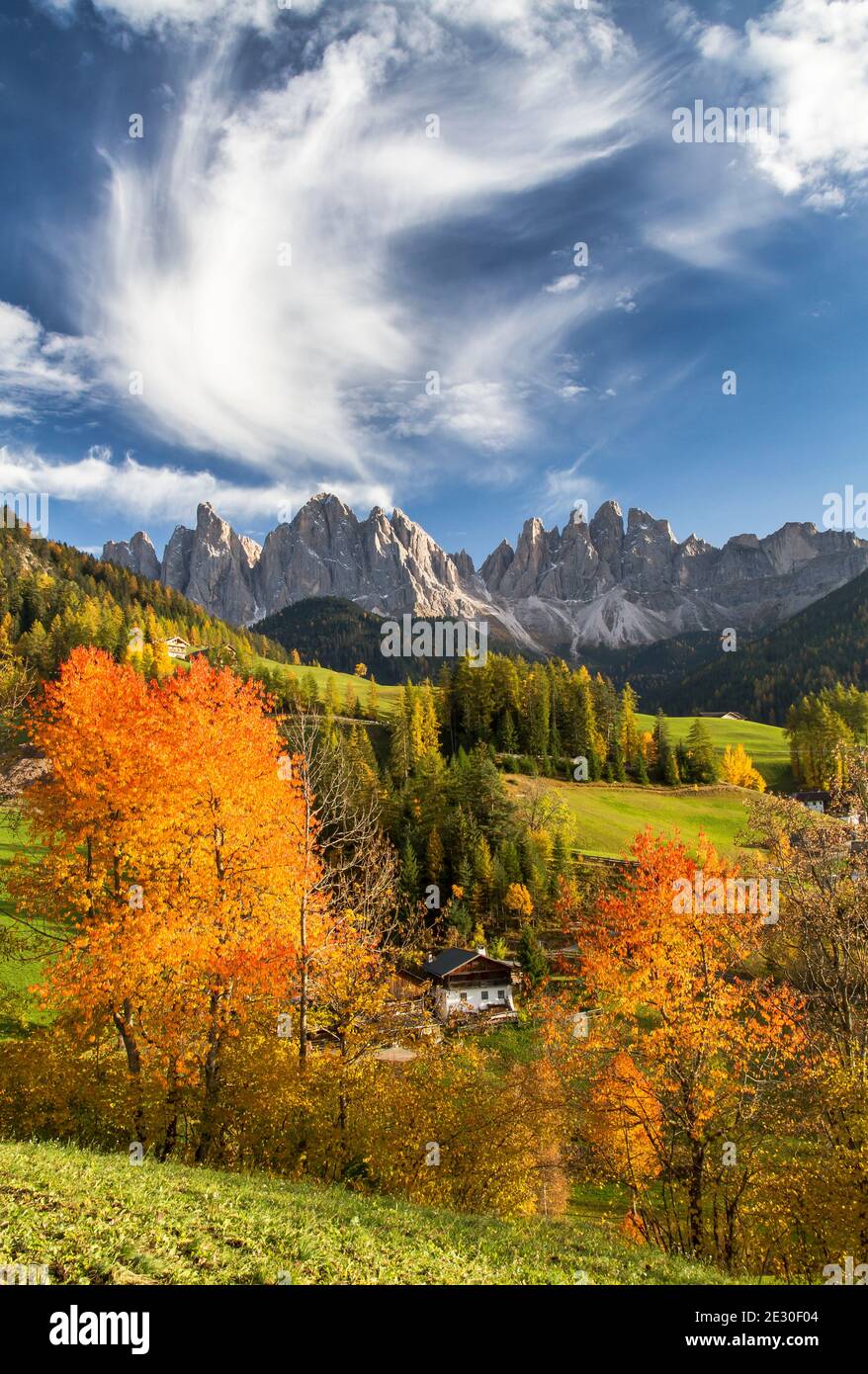 Vue sur les couleurs automnales près de la ville de Saint-Magdalena. Vallée de Funes, Alpes des Dolomites, Trentin-Haut-Adige, Italie. Banque D'Images