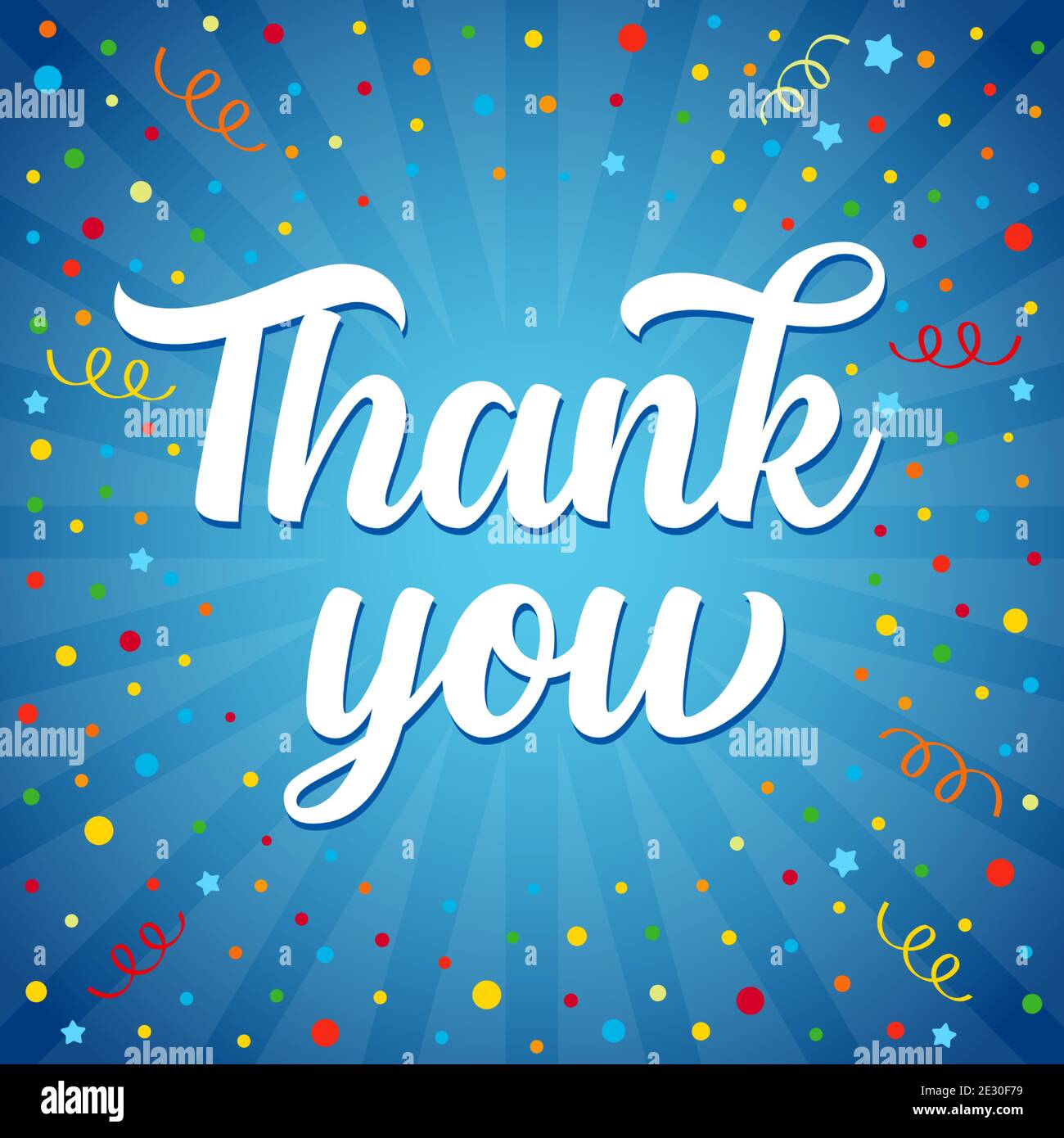 Merci, lettre de calligraphie vectorielle sur fond confetti de couleur. Invitation dessinée à la main pour le motif de carte de vœux Illustration de Vecteur