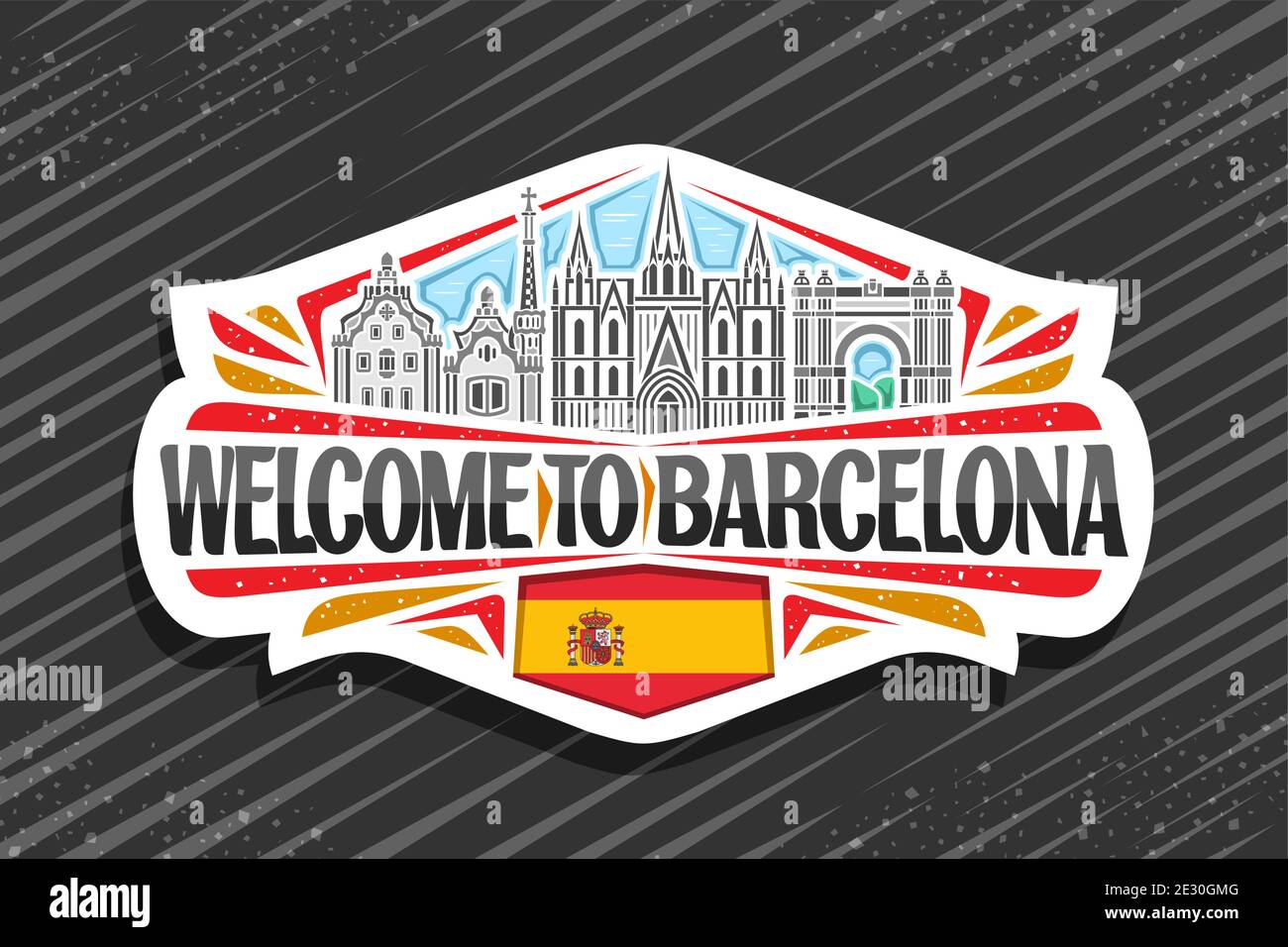 Logo Vector pour Barcelone, autocollant décoratif blanc avec illustration du paysage de la ville de barcelone sur fond ciel de jour, aimant de réfrigérateur avec unique Illustration de Vecteur
