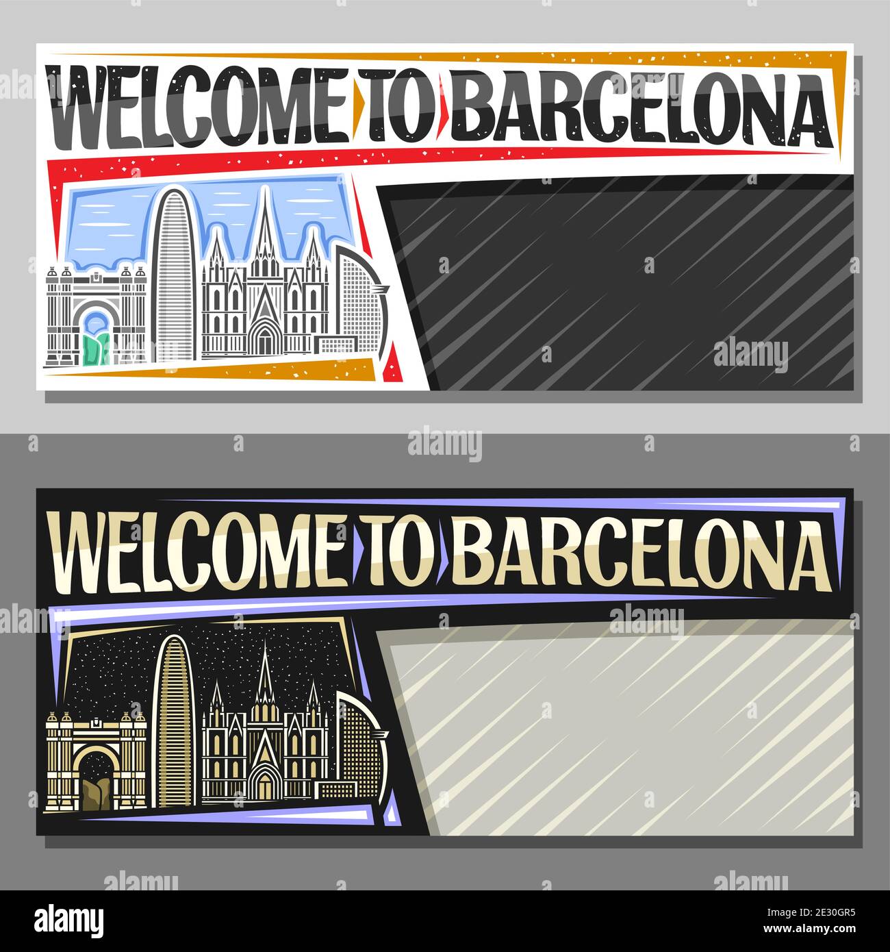 Mises en page vectorielles pour Barcelone avec espace de copie, bon décoratif avec illustration du paysage urbain de barcelone sur fond de ciel de jour et de crépuscule, des Illustration de Vecteur