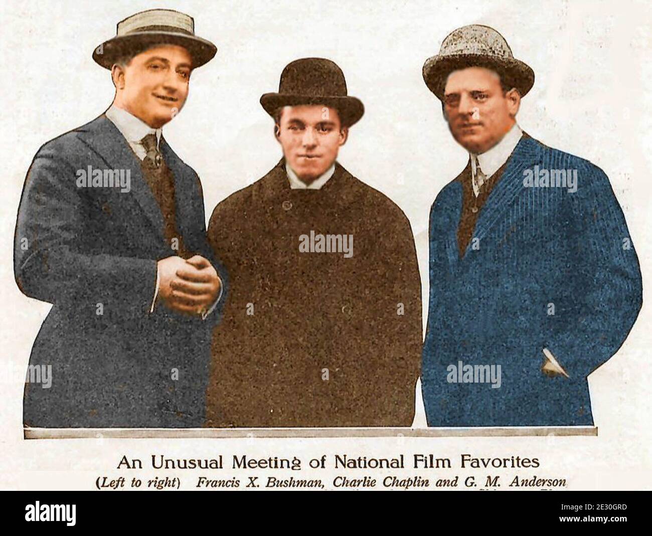 Francis X. Bushman, Charlie Chaplin et Anderson, photo prise au Essanay Studio, Chicago en 1915 Banque D'Images