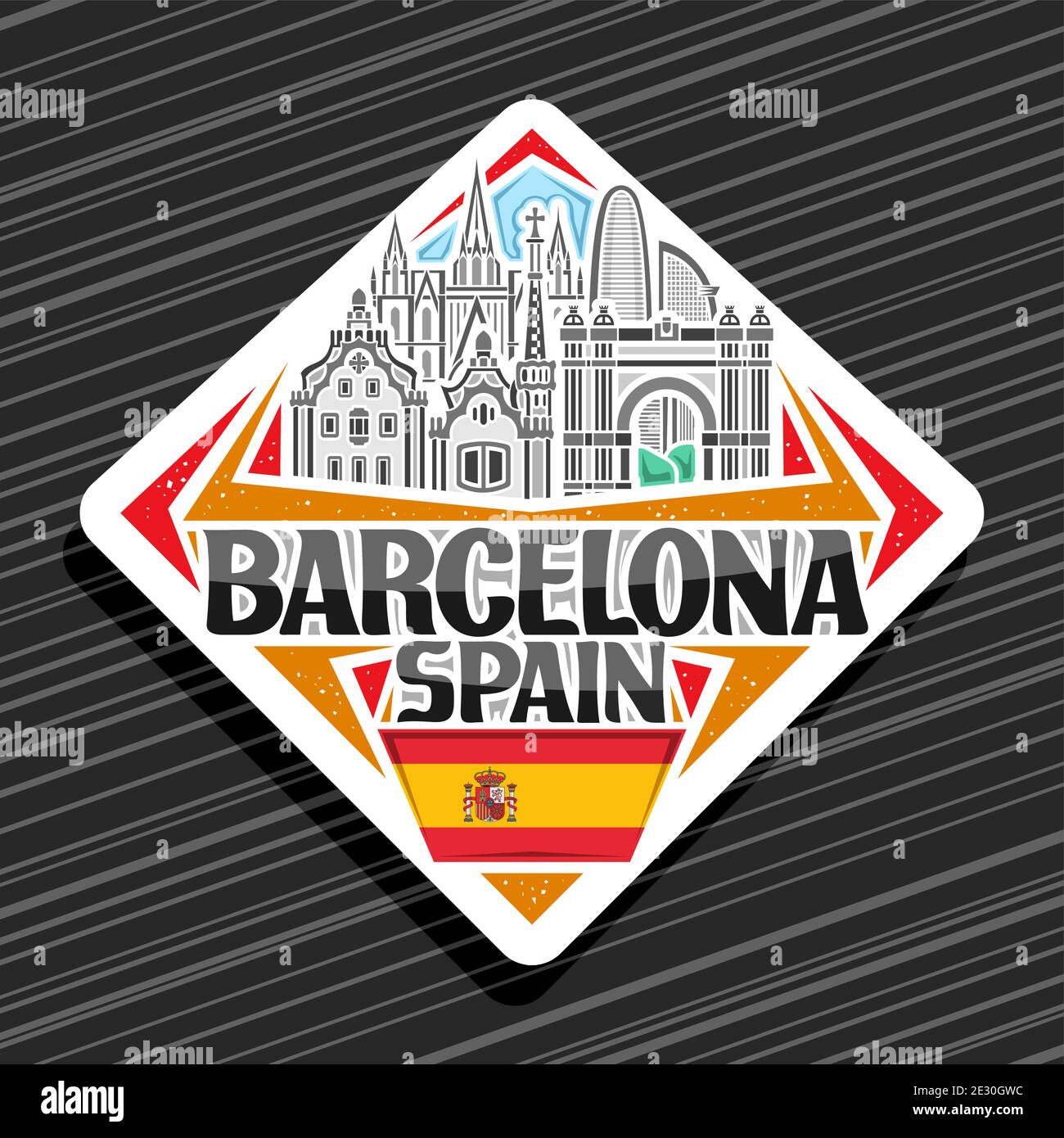 Logo Vector pour Barcelone, panneau blanc sur la route du losange avec illustration du paysage de la ville de barcelone sur fond de ciel de jour, aimant de réfrigérateur décoratif W Illustration de Vecteur