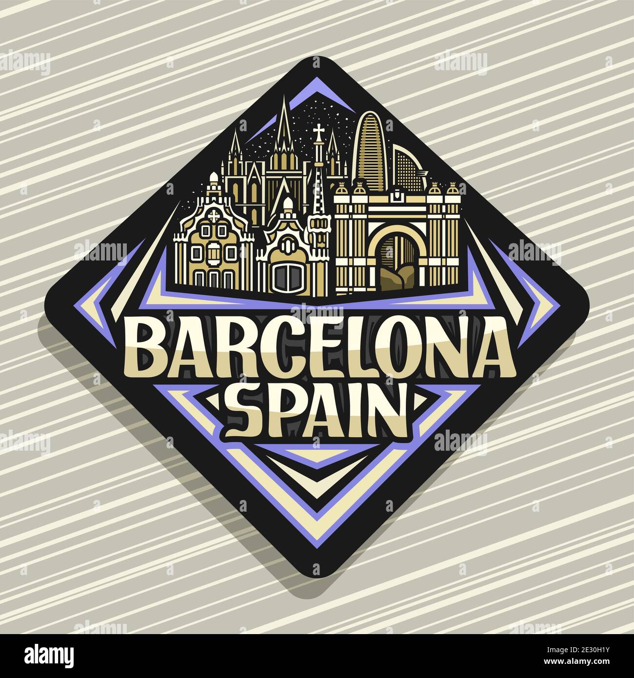 Logo Vector pour Barcelone, panneau noir rhombus route avec illustration du paysage de la ville de barcelone sur fond de ciel crépuscule, aimant de réfrigérateur décoratif Illustration de Vecteur