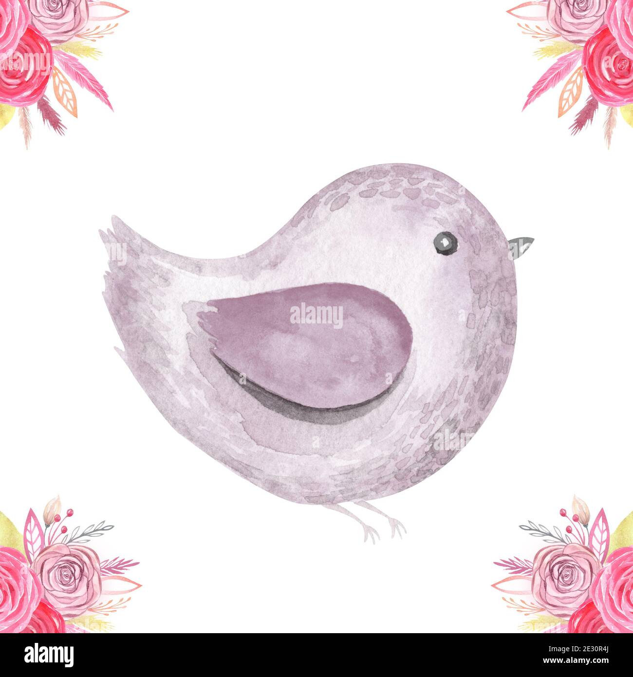 Aquarelle peint à la main, joli personnage de dessin animé d'oiseau. Carte de voeux, carte, affiche d'anniversaire, Saint-Valentin, Fête des mères, Pâques Banque D'Images