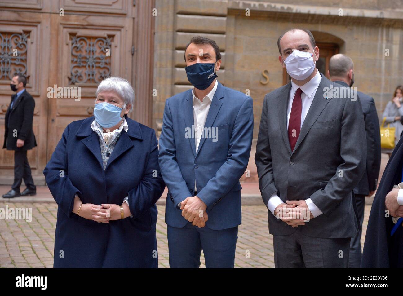 Le Premier ministre français Jean Castex est accueilli par le maire de Lyon Gregory Doucet à Lyon, France, le 16 janvier 2021. Photo de Julien Reynaud/APS-Medias/ABACAPRESS.COM Banque D'Images