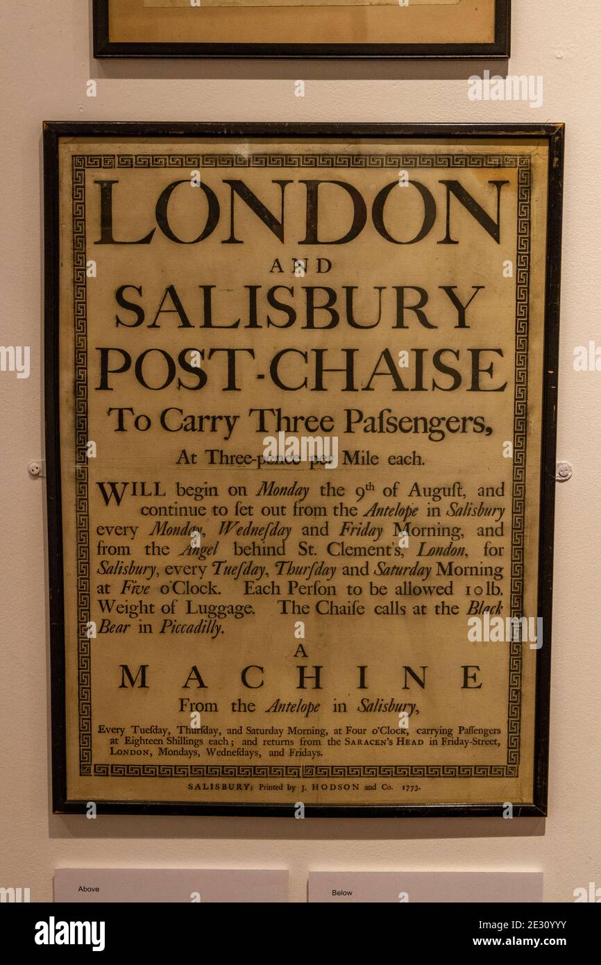 Affiche de Londres et Salisbury Post chaise (c. 1773) publicité pour le transport de passagers et de courrier, Salisbury Museum, Salisbury, Wiltshire, Royaume-Uni. Banque D'Images